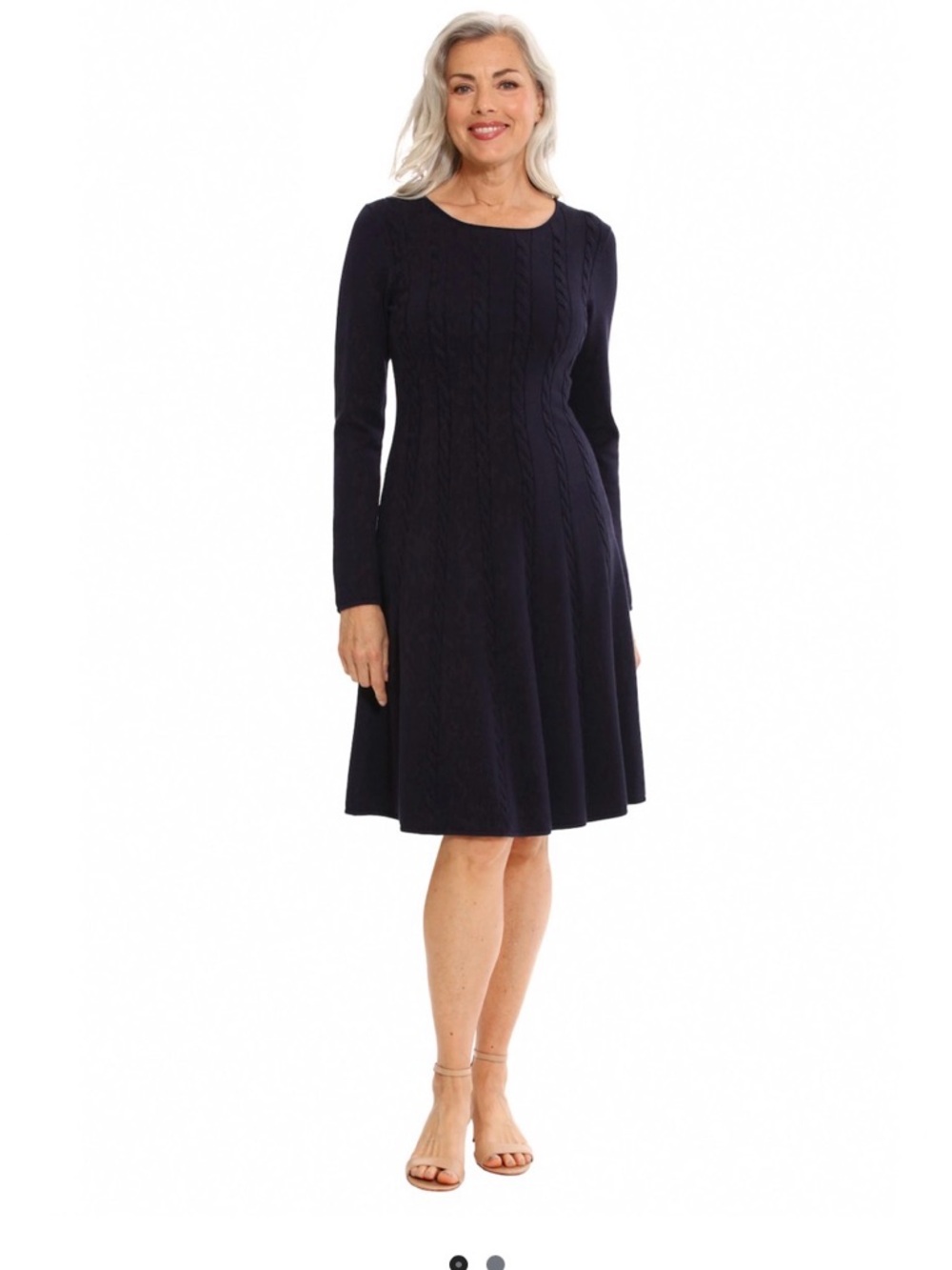 London Times Navy Cable-Knit Long Sleeve Fit & Flare Dress